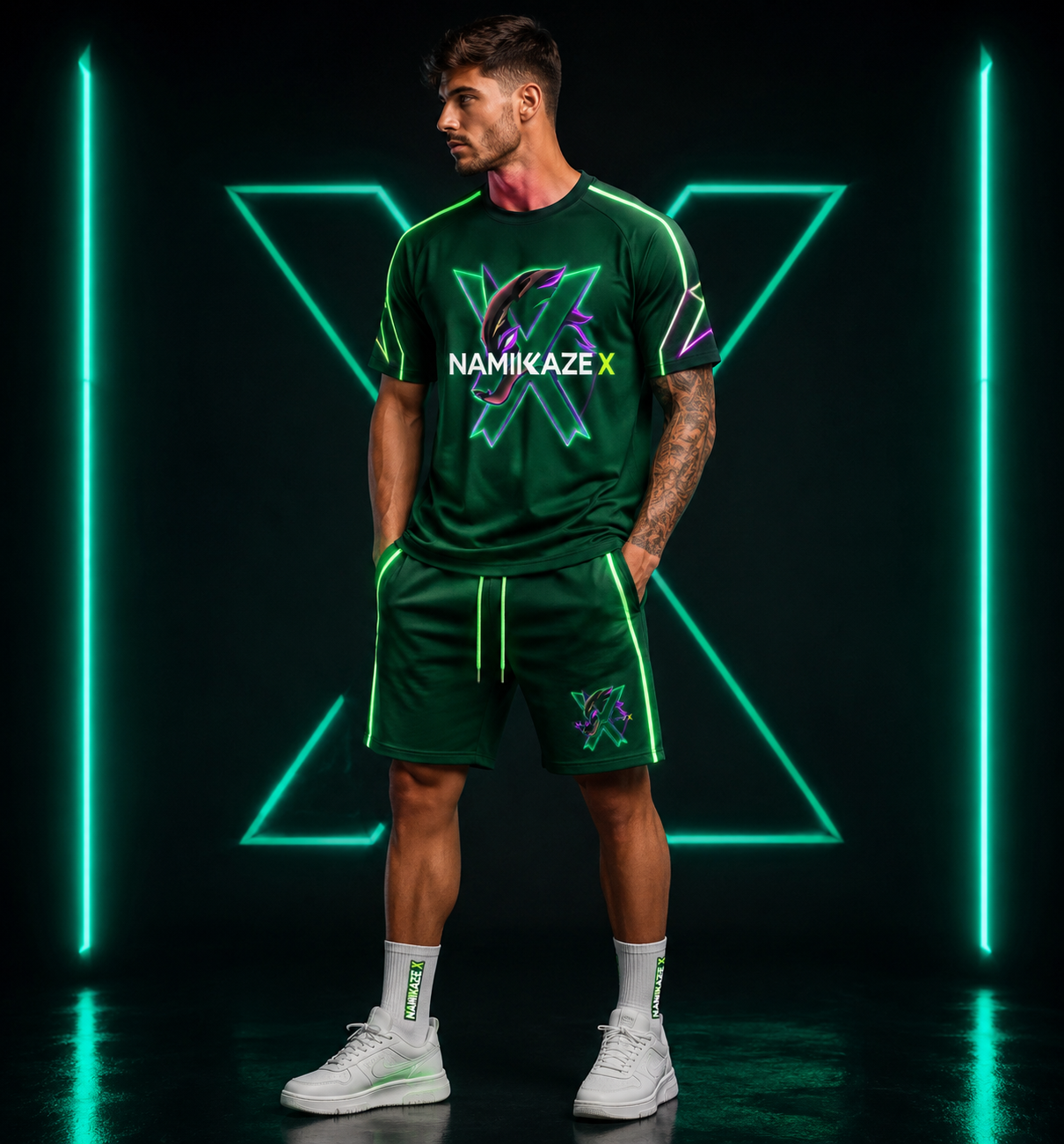 NAMIKAZEX ENSEMBLE T-SHIRT ET SHORT NÉON LINER GREEN CYBERPUNK ÉDITION LIMITÉE