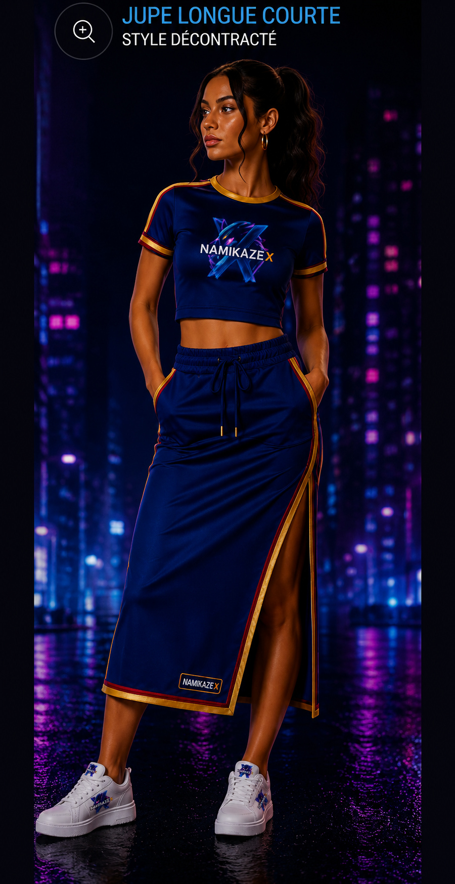 NAMIKAZEX ENSEMBLE JUPE COURTE BLEU A BORDURE DORÉ ET ROUGE