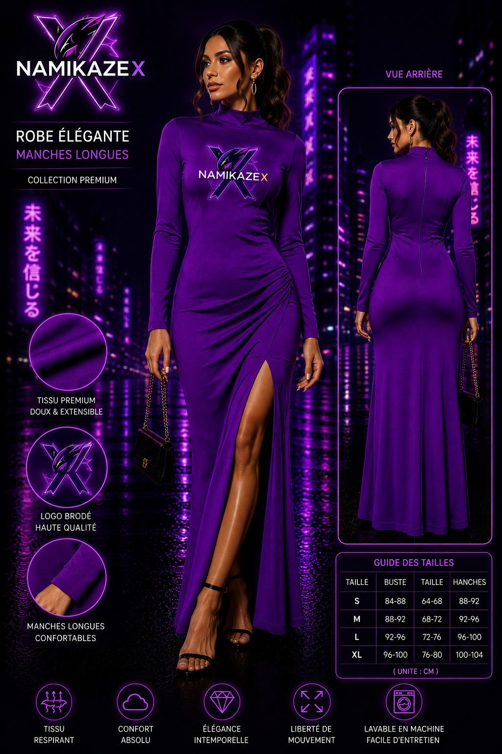 NAMIKAZEX ROBE VIOLET ÉLÉGANTE LONGUE MANCHE LONGUE ÉDITION LIMITÉE