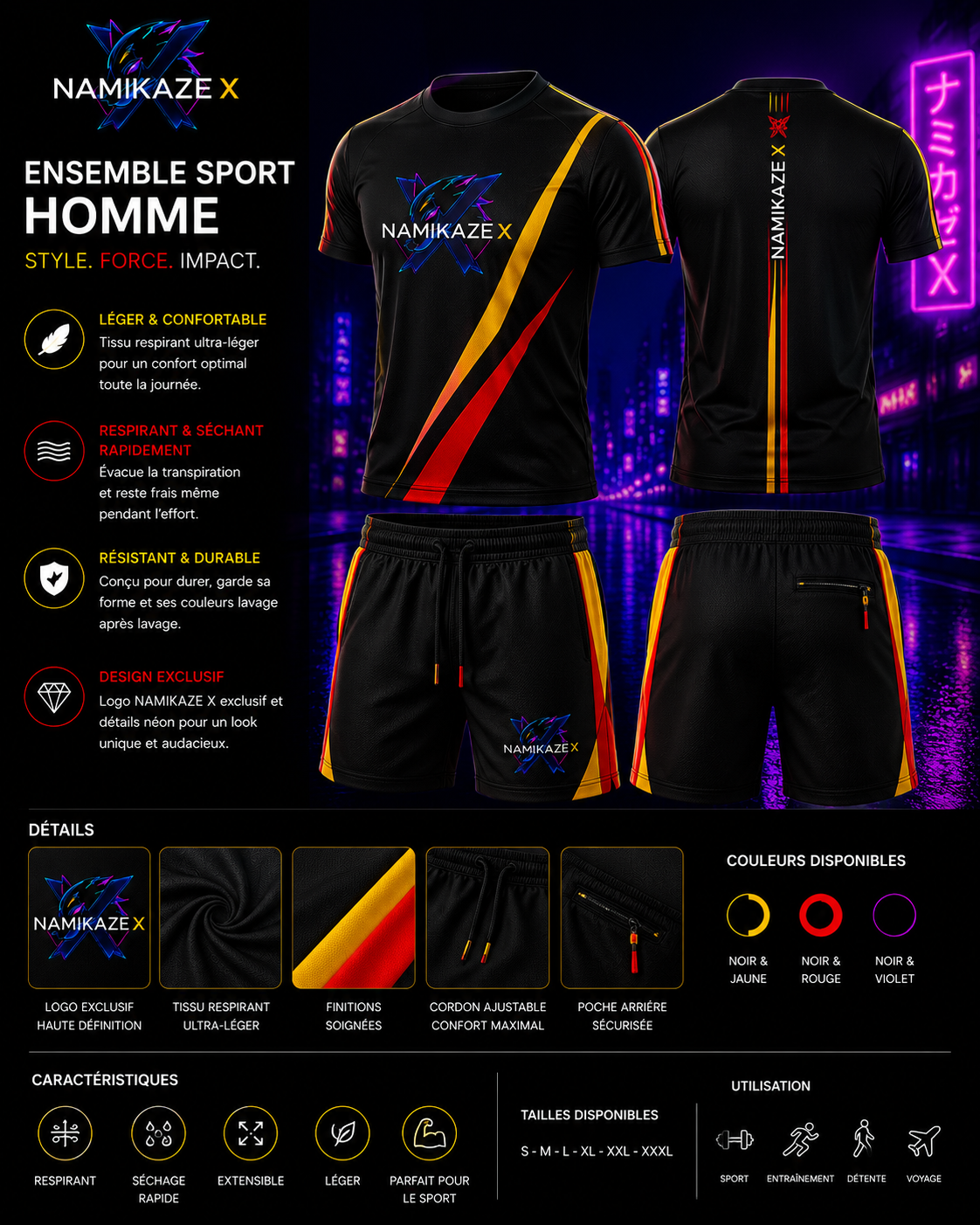 NAMIKAZEX T-CHIRT ET SHORTS HOMMES TRICOLORE X