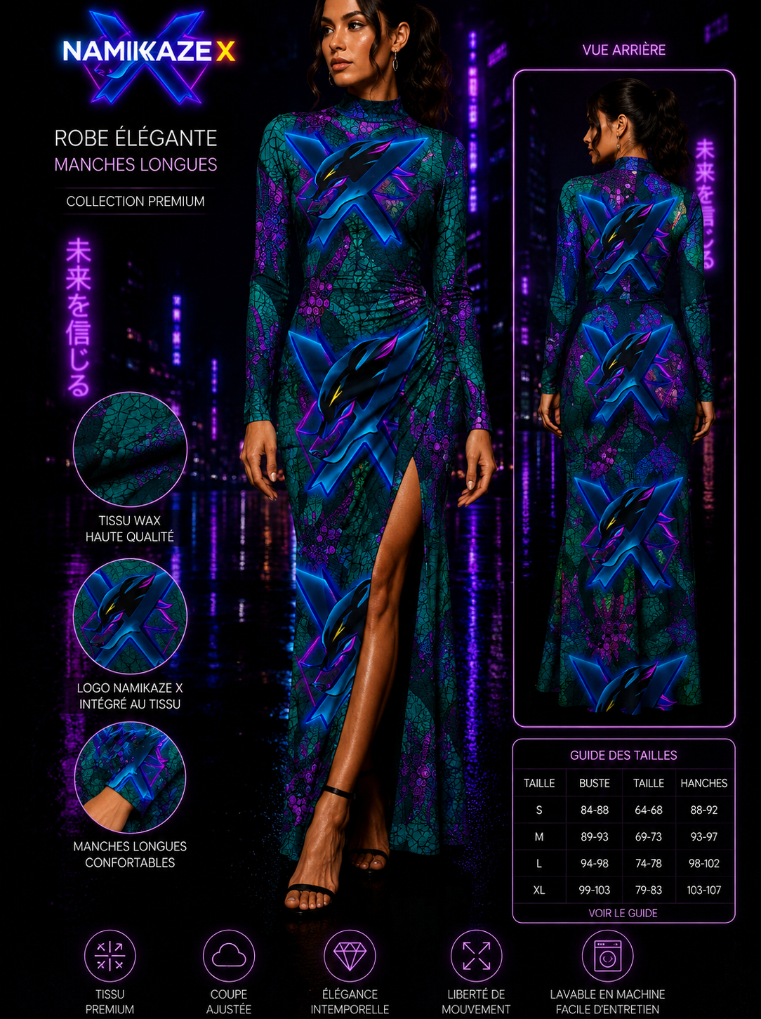 NAMIKAZEX Robe Élégante Wax Cyberpunk – Manches Longues