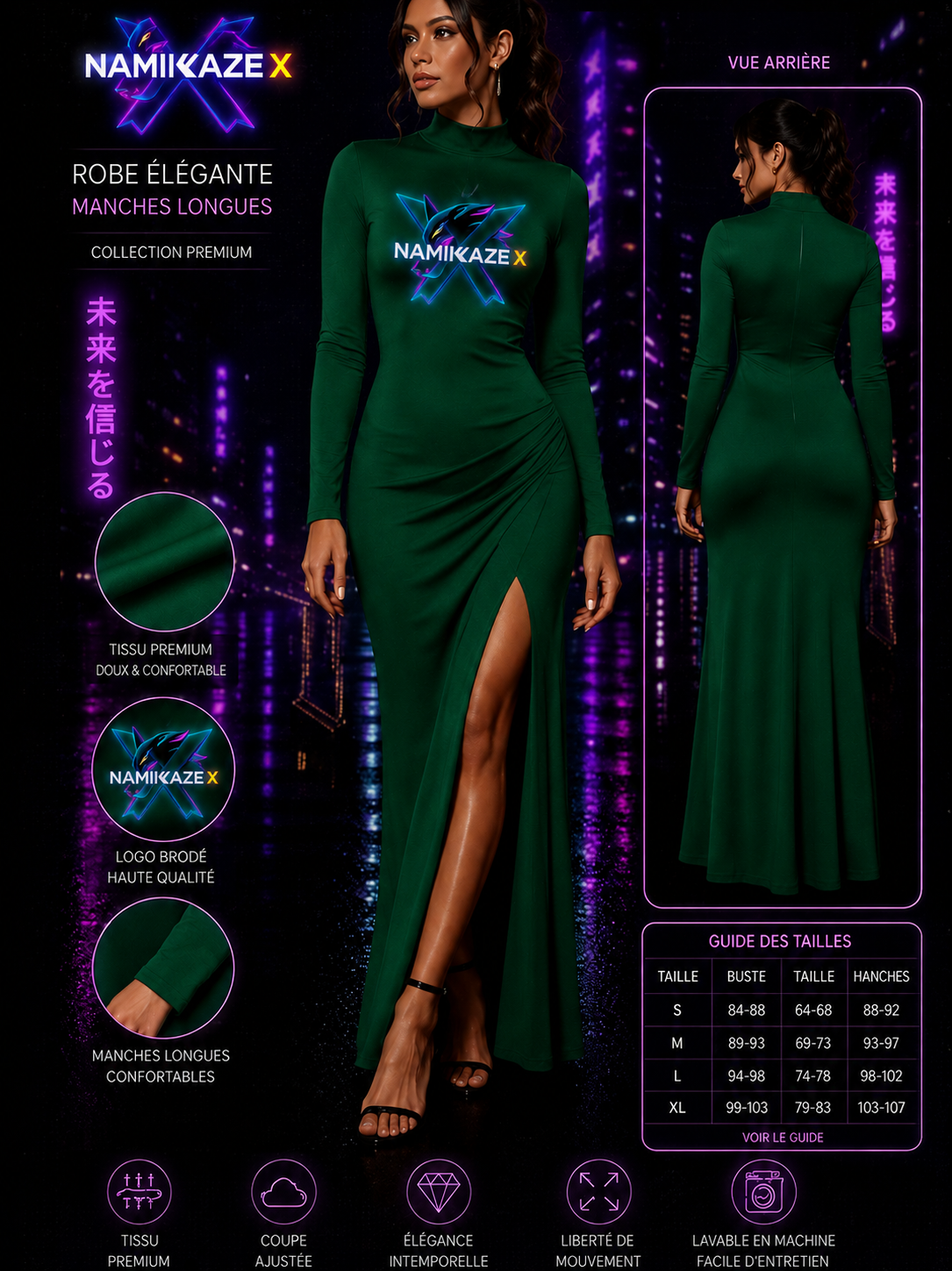 NAMIKAZEX ROBE VERT FONCÉ ÉLÉGANTE LONGUE MANCHE LONGUE