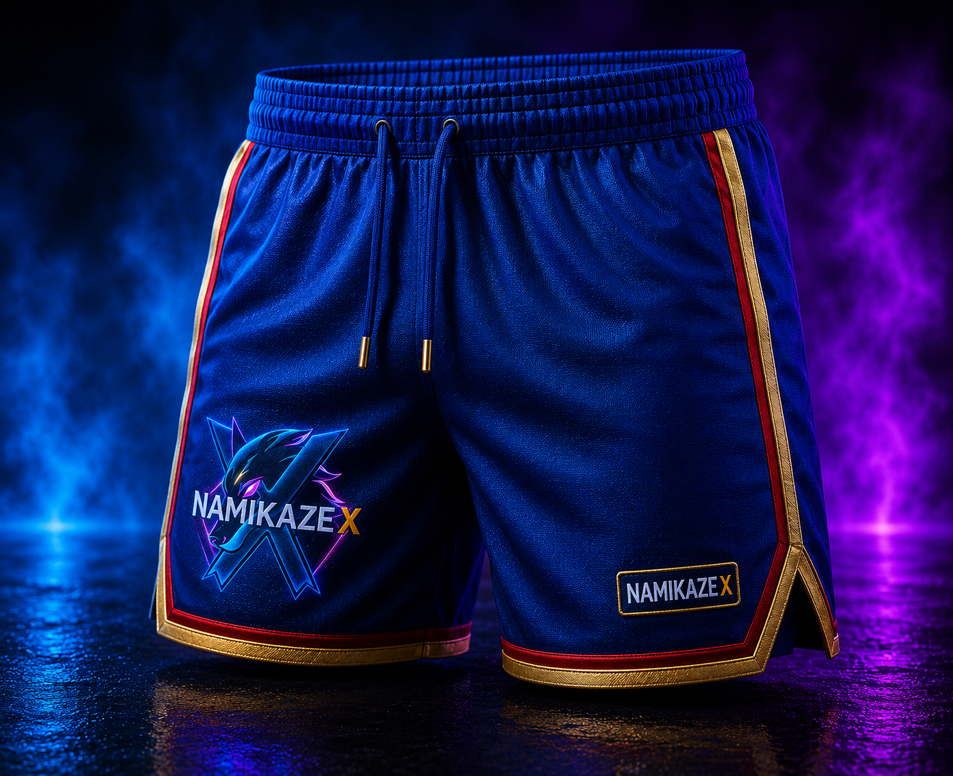 NAMIKAZEX SHORT BLEU HOMMES A BORDURE DORÉ ET ROUGE
