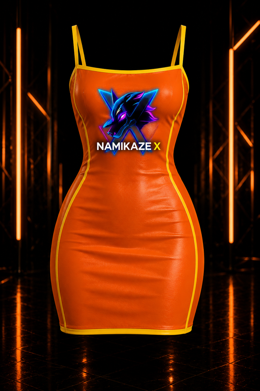 NAMIKAZEX Robe moulante orange à bordure jaunes