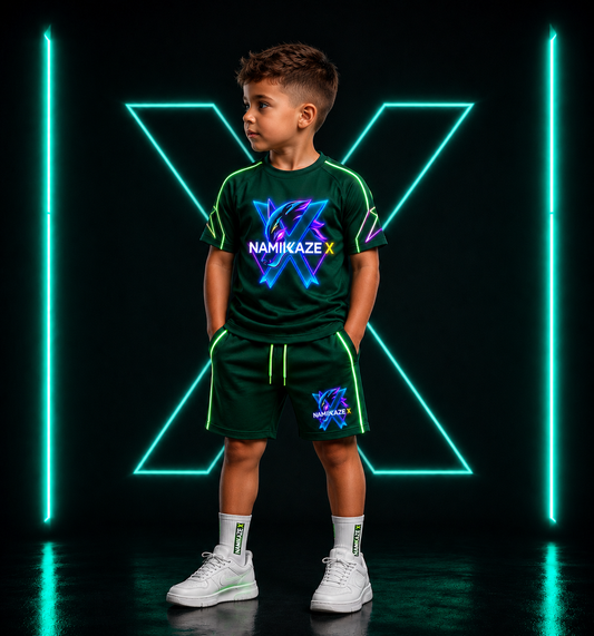 NAMIKAZEX ENSEMBLE T-SHIRT ET SHORT NÉON LINER VERT CYBERPUNK ENFANTS DE 3 A 6 ANS