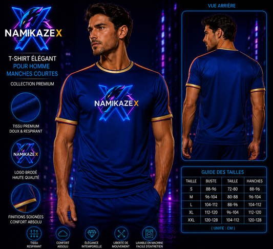 NAMIKAZEX T-CHIRT BLEU À BORDURE DORÉ ET ROUGE HOMMES