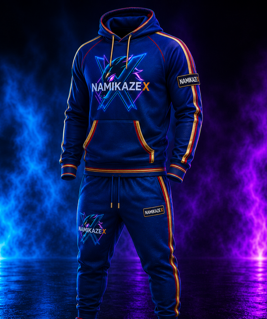 NAMIKAZEX ENSEMBLE JOGGING ET SWEAT A CAPUCHE BLEUE A BORDURE DORÉ ET ROUGE