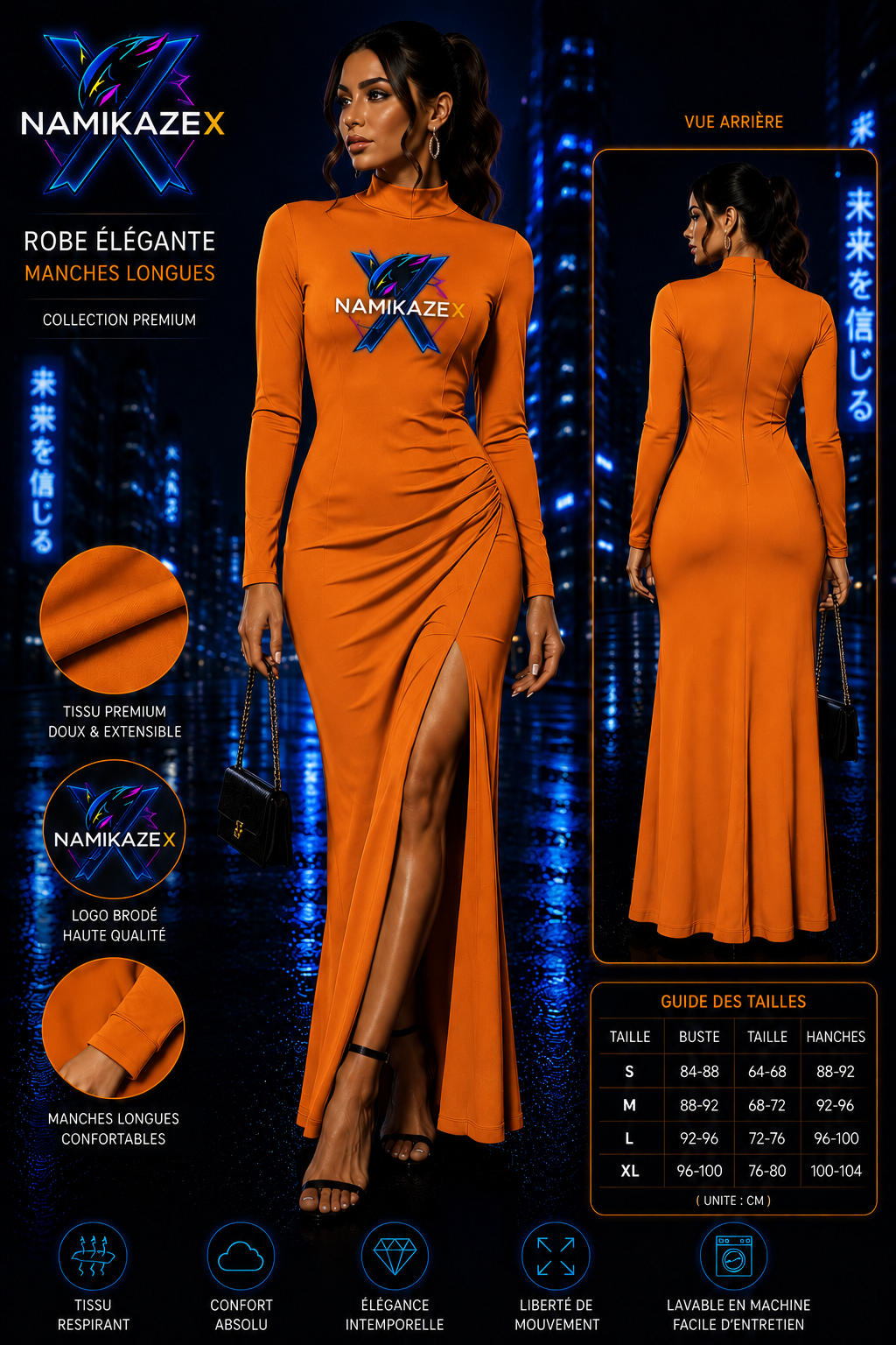 NAMIKAZEX ROBE ORANGE  ÉLÉGANTE LONGUE MANCHE LONGUE