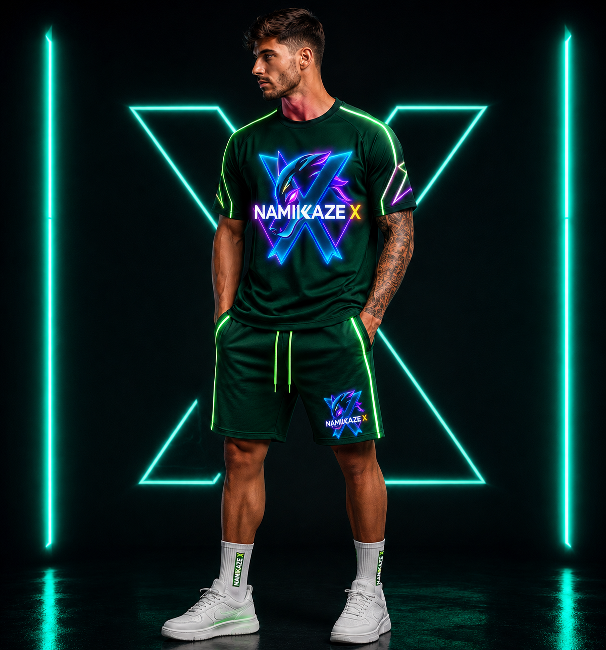 NAMIKAZEX ENSEMBLE T-SHIRT ET SHORT NÉON X LINER GREEN CYBERPUNK.