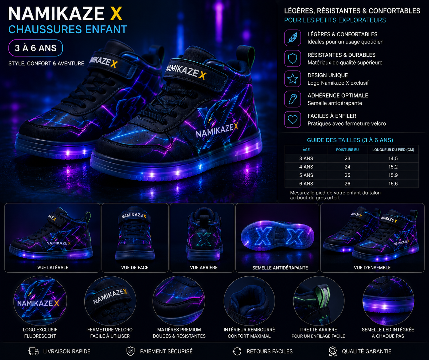 NAMIKAZEX CHAUSSURES NÉON LINER XV16 ENFANTS 3 A 6 ANS