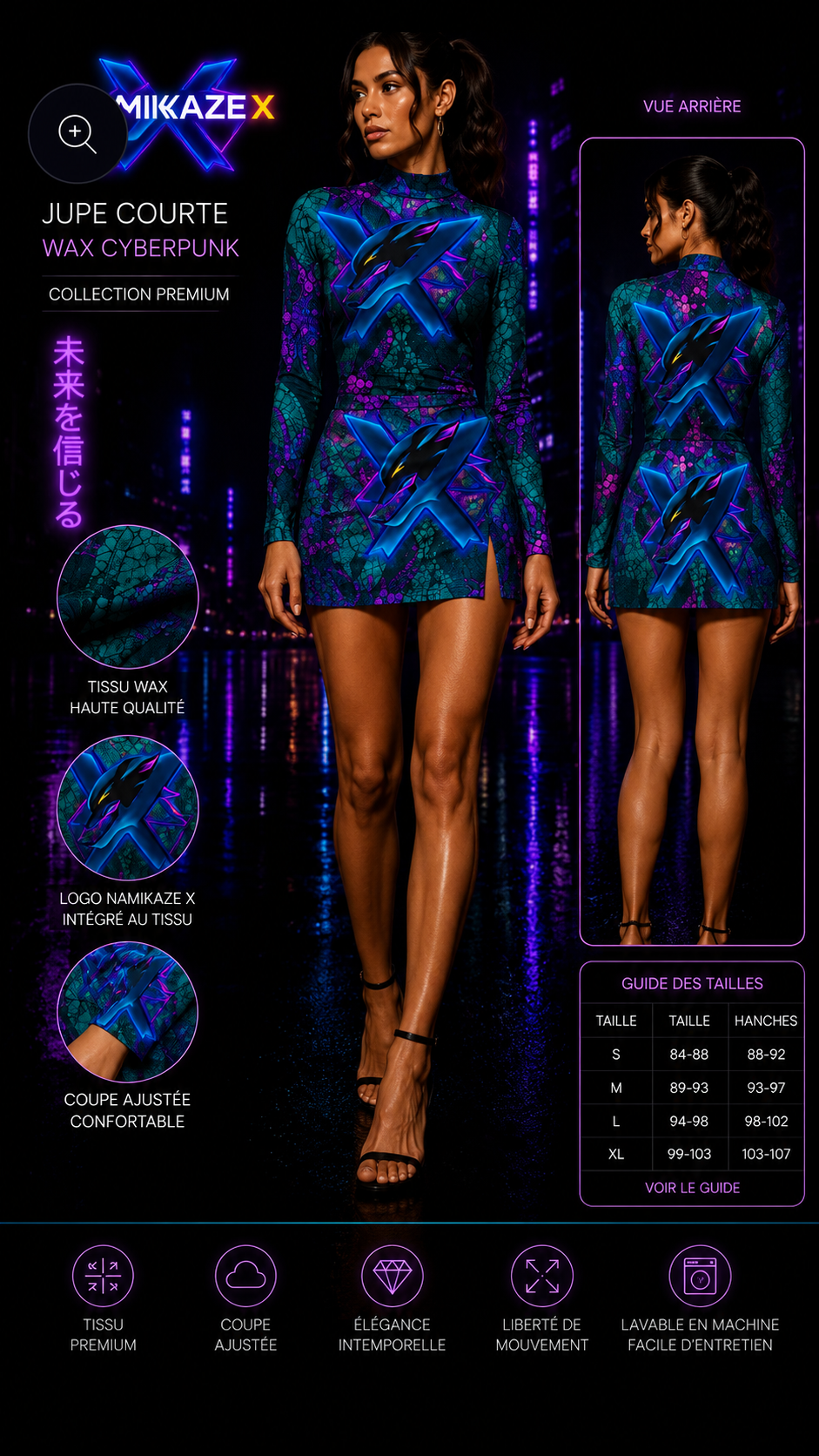 NAMIKAZEX Robe courte Élégante Wax Cyberpunk – Manches Longues