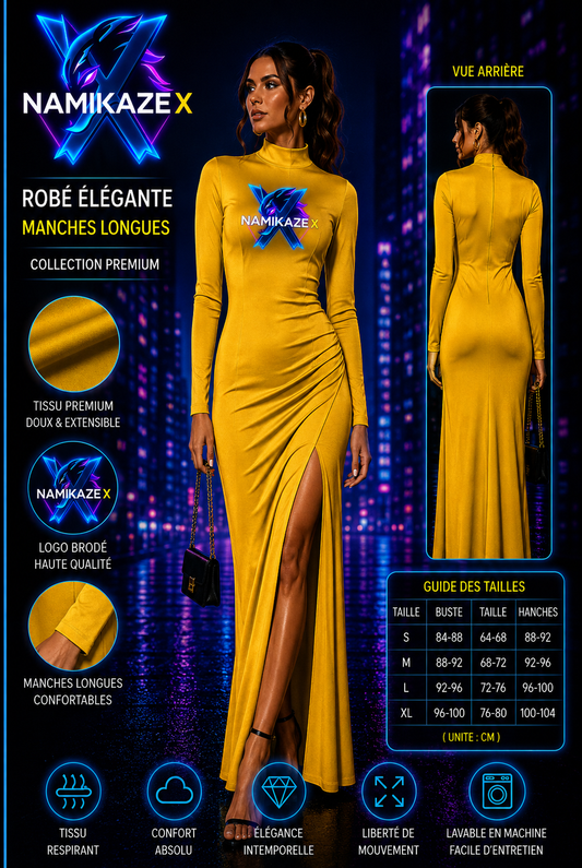 NAMIKAZEX ROBE JAUNE ÉLÉGANTE LONGUE MANCHE LONGUE