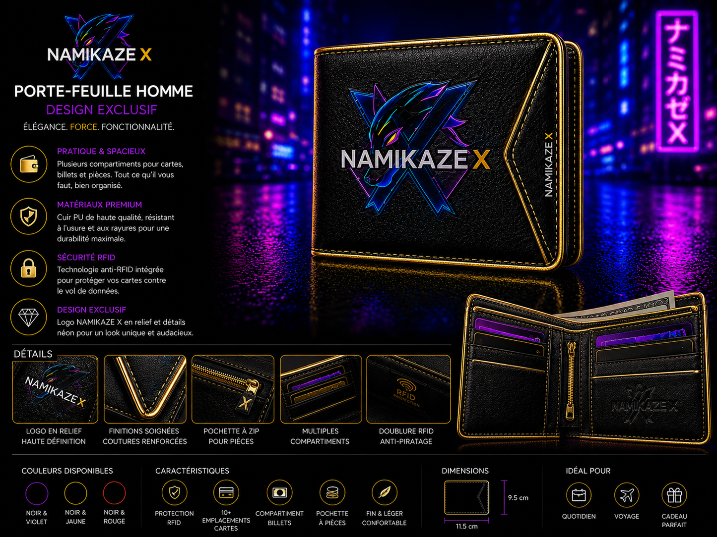 NAMIKAZEX PORTE FEUILLE A BORDURE DORE