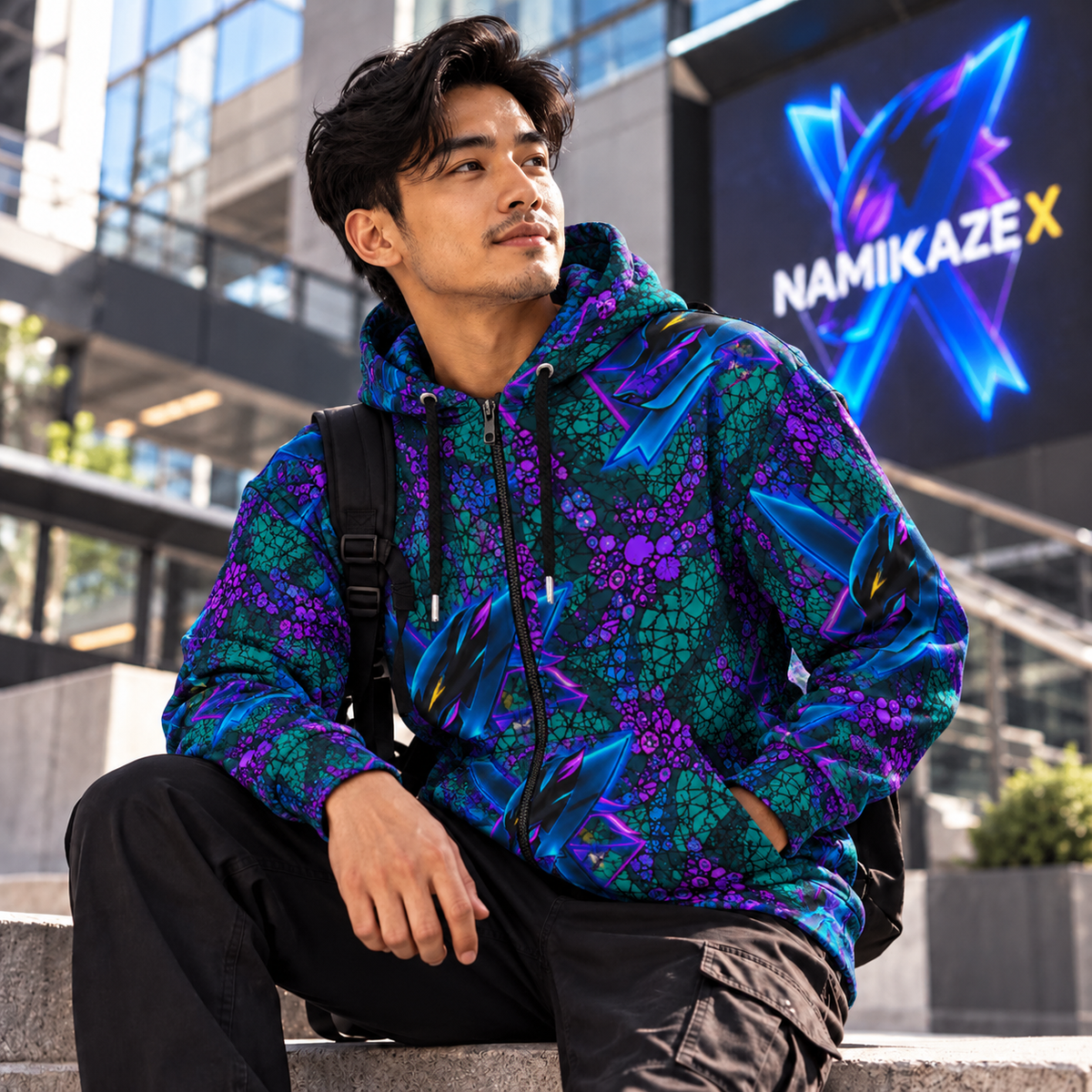 NAMIKAZEX : Sweat à capuche zippé unisexe NÉON YOKAI